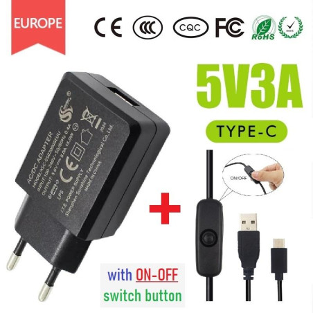Adaptor Power Supply 5V 3A - Raspberry Pi 4 Kabel USB-C Type-C Tipe C