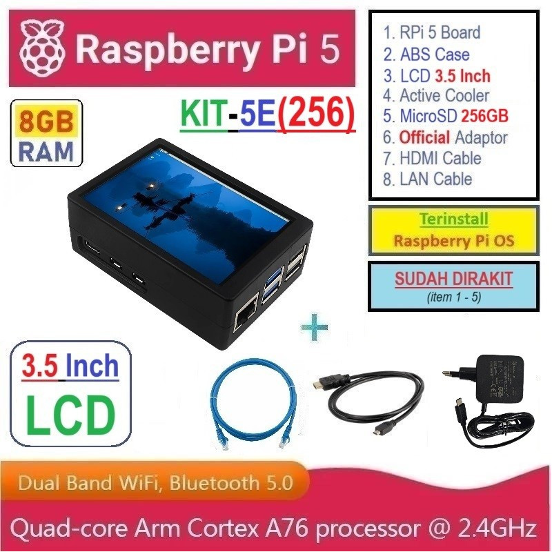 KIT-5E(256)  Raspberry Pi 5 (8GB RAM) KIT LCD 3.5 Inch MicroSD 256GB - Complete SET SIAP PAKAI