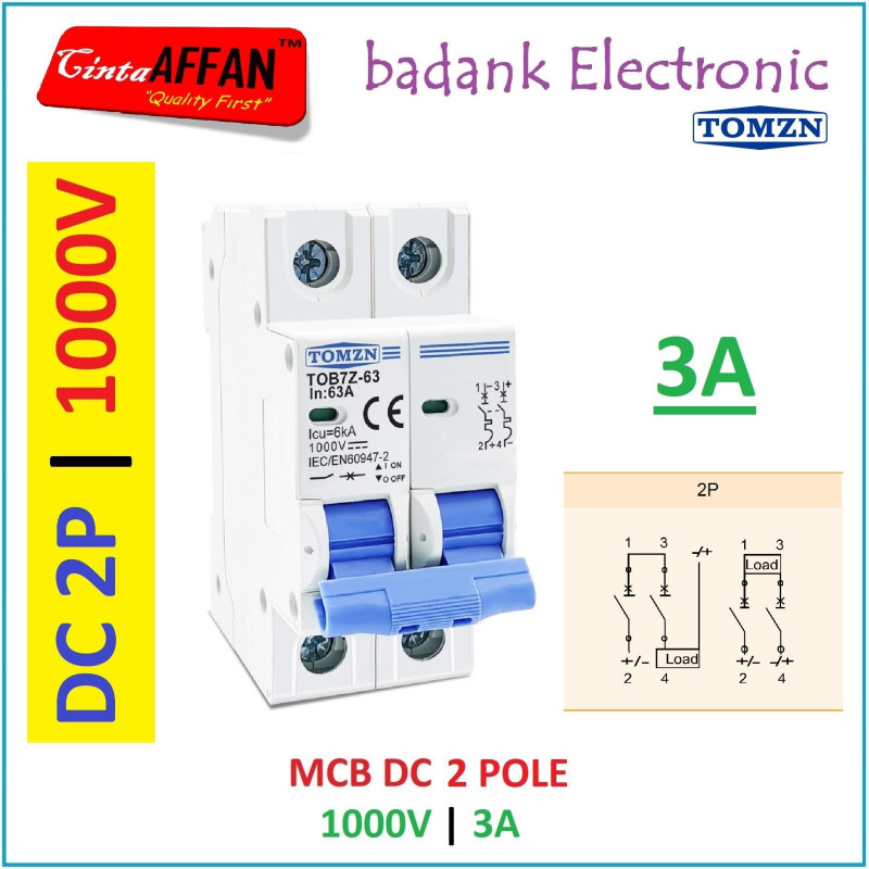3A TOMZN MCB DC 2P 1000V C3 3A Circuit Breaker Solar PV Panel Surya