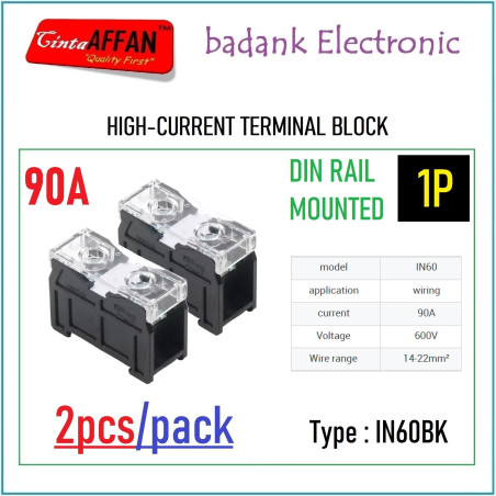 2pcs/pack DIN Rail High Current Terminal Block IN60BK 90A 1P 600V