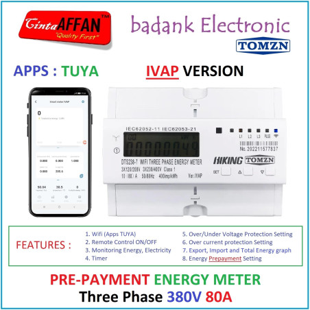 80A TUYA IVAP 3-Phase SMART Energy kWh Meter EXPORT-IMPORT Pre-Payment