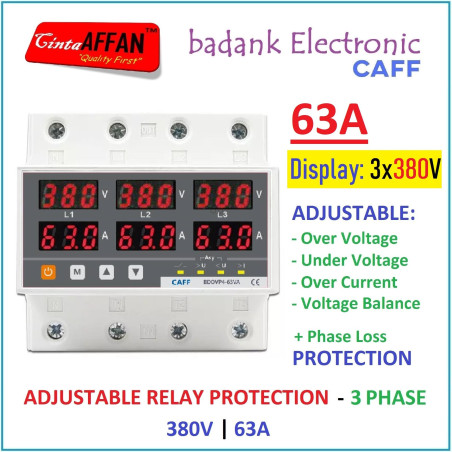 CAFF Relay Protector 3-Phase 4-Wire 63A VA Monitor 380V (L-L) Display
