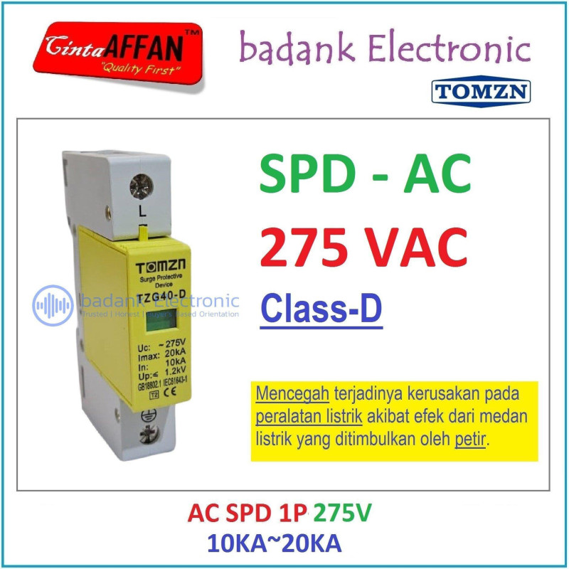 AC SPD 1P 275V 20-40KA Class D Pengaman Petir Surge Arrester AC