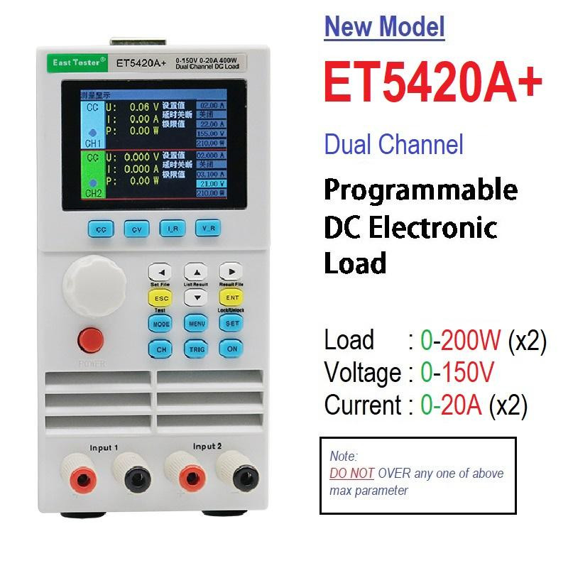400W ET5420A Programmable DC Electronic Load 150V 2x20A Battery Tester