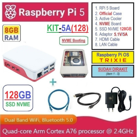 KIT-5A(128)  Raspberry Pi 5 (8GB RAM) KIT NVME SSD 128GB - Complete SET SIAP PAKAI