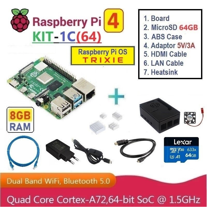 KIT-1C(64)  Raspberry Pi 4 (8GB RAM) - Complete SET (MicroSD 64GB)