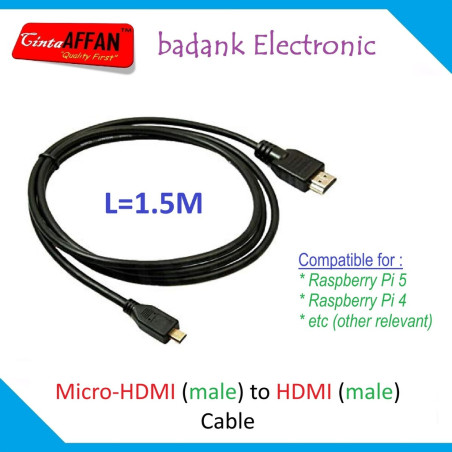 Kabel Micro-HDMI Panjang 1.5 Meter untuk Raspberry Pi 5/Pi 4/Orange Pi/Arduino/Mini PC