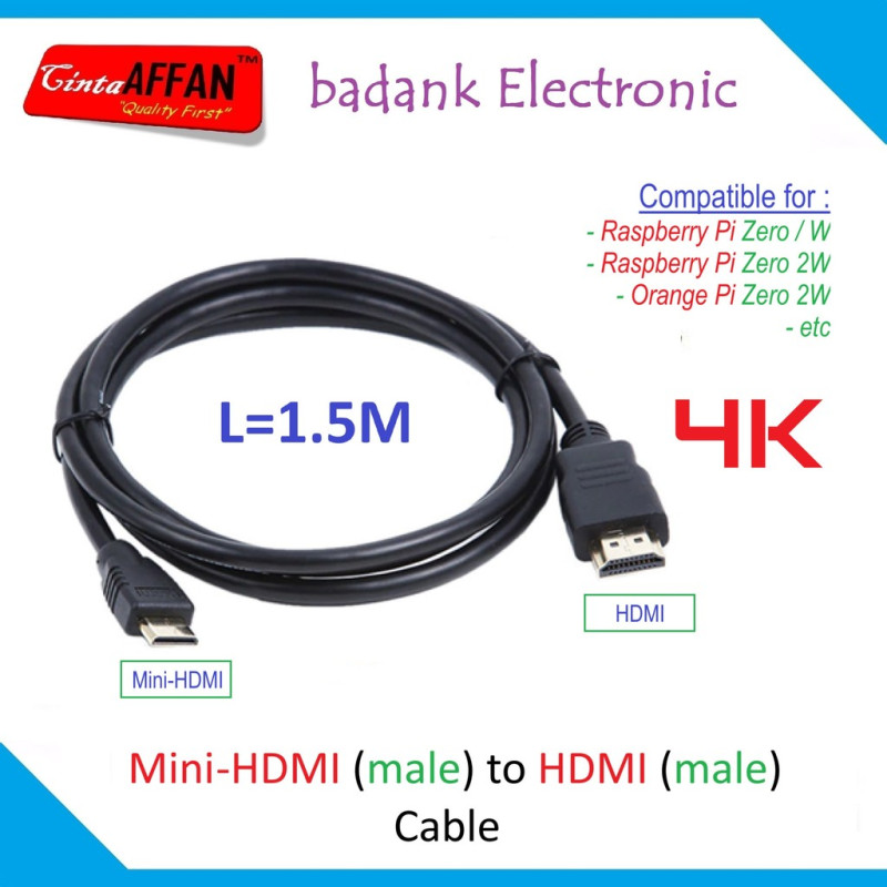 Kabel Mini-HDMI Panjang 1.5 Meter untuk Raspberry Pi Zero / Zero W / Zero 2W / Orange Pi Zero 2W / Mini PC