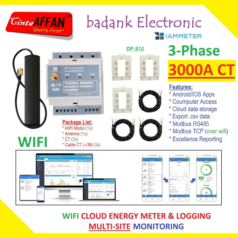 IAMMETER CLOUD 3-Phase WIFI Bidirectional Energy Meter 3-Sensor CT 3000A