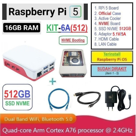 KIT-6A(512)  Raspberry Pi 5 (16GB RAM) KIT NVME SSD 512GB - Complete SET SIAP PAKAI