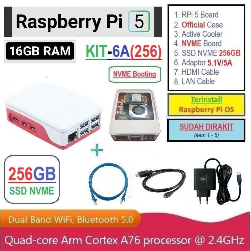 KIT-6A(256)  Raspberry Pi 5 (16GB RAM) KIT NVME SSD 256GB - Complete SET SIAP PAKAI