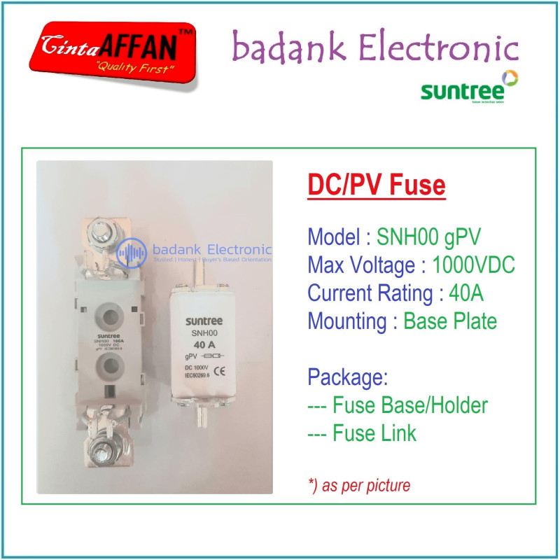 40A - SUNTREE SNH00 gPV 1P 1000V DC Fuse Base/Holder  Fuse Link PV