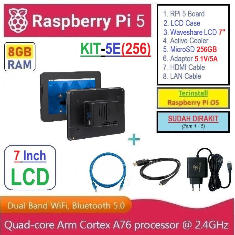 KIT-5E(256)  Raspberry Pi 5 (8GB RAM) KIT LCD 7 Inch MicroSD 256GB - Complete SET SIAP PAKAI