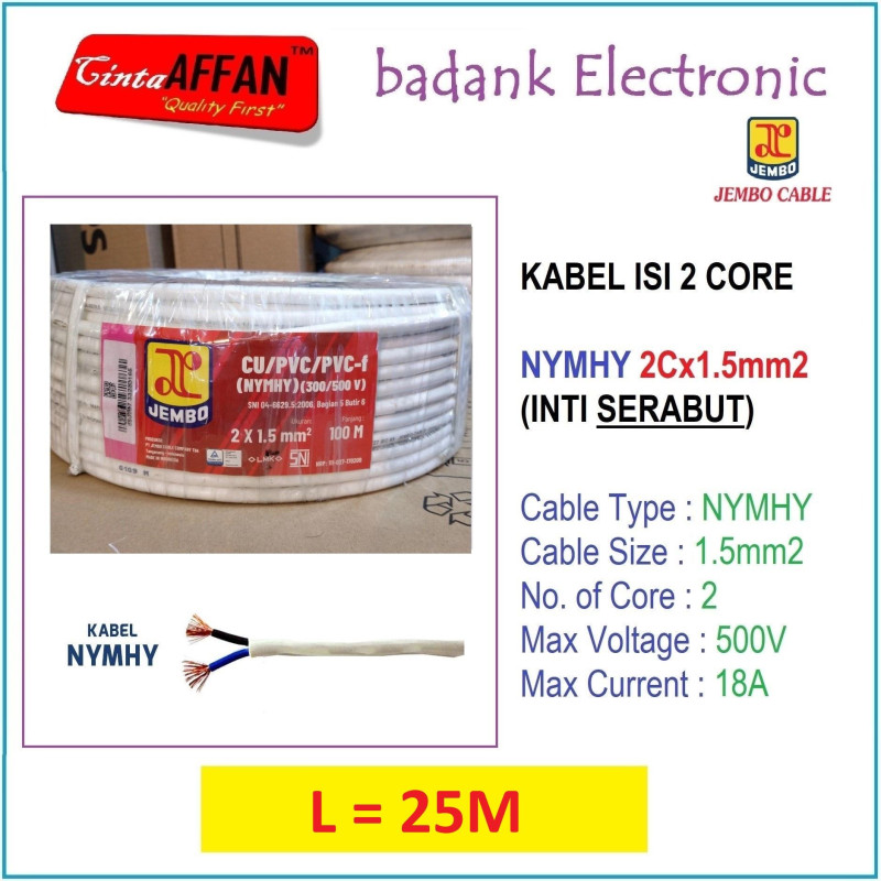  L  25M  - Kabel Serabut 2 Core NYMHY 2x1.5mm2