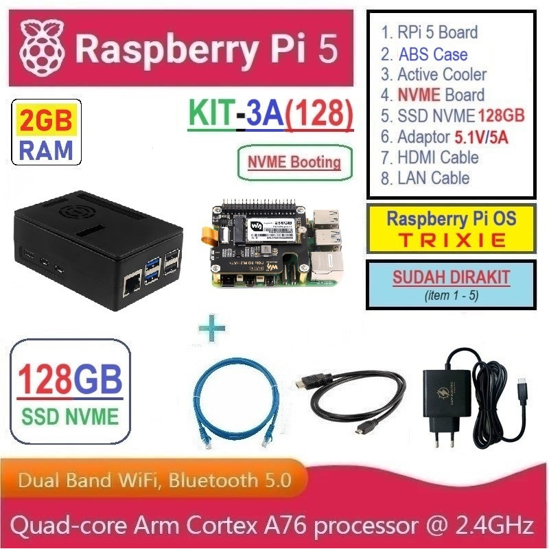 KIT-3A(128)  Raspberry Pi 5 (2GB RAM) KIT NVME SSD 128GB - Complete SET SIAP PAKAI
