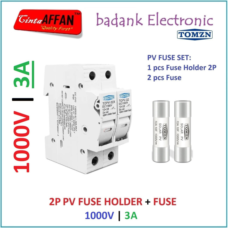 3A - PV DC Fuse Holder 2P with Fuse 3 A 1000V Solar Cell Panel Surya