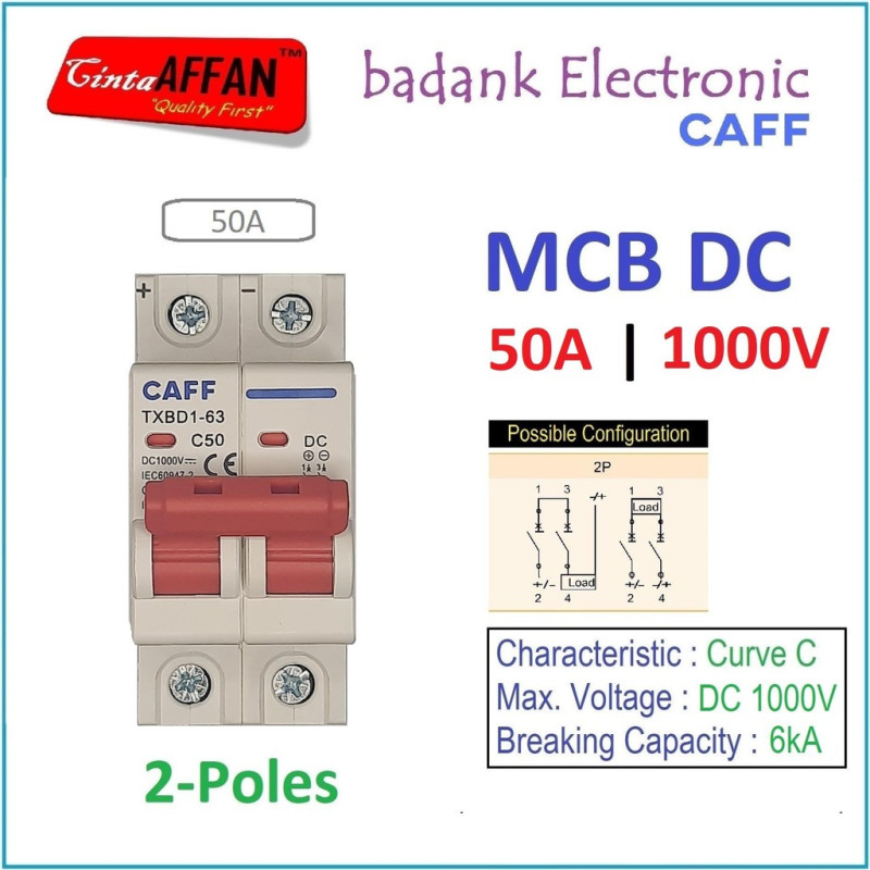 CAFF MCB DC 2P 1000V C50 50A Circuit Breaker Solar PV Panel Surya PLTS