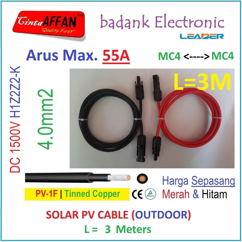 MC4 --- MC4 PV Cable 1500V H1Z2Z2-K 4mm2 Tinned copper L  3 Meter