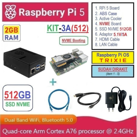 KIT-3A(512)  Raspberry Pi 5 (2GB RAM) KIT NVME SSD 512GB - Complete SET SIAP PAKAI