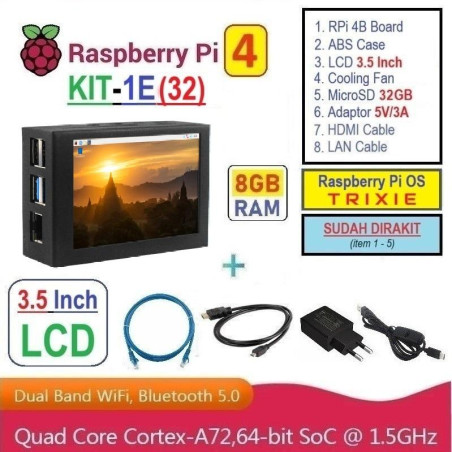 KIT-1E(32)  Raspberry Pi 4 (8GB RAM) KIT LCD 3.5 Inch MicroSD 32GB - Complete SET SIAP PAKAI