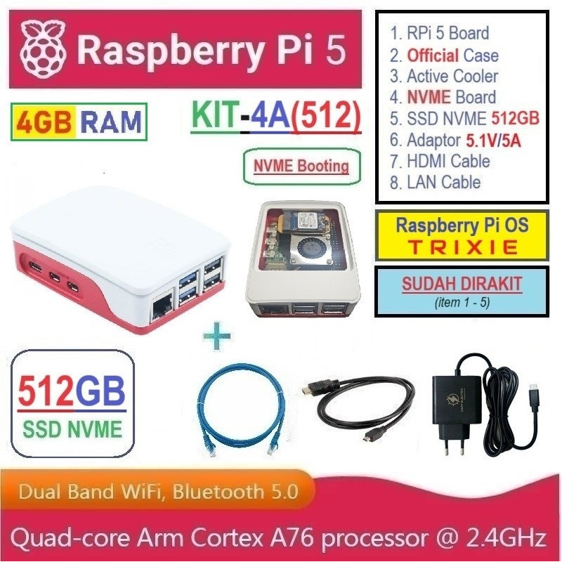 KIT-4A(512)  Raspberry Pi 5 (4GB RAM) KIT NVME SSD 512GB - Complete SET SIAP PAKAI