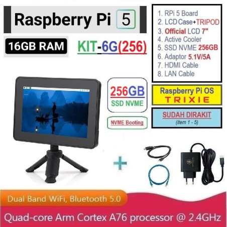 KIT-6G(256)  Raspberry Pi 5 (16GB RAM) KIT LCD 7 Inch SSD NVME 256GB - Complete SET SIAP PAKAI