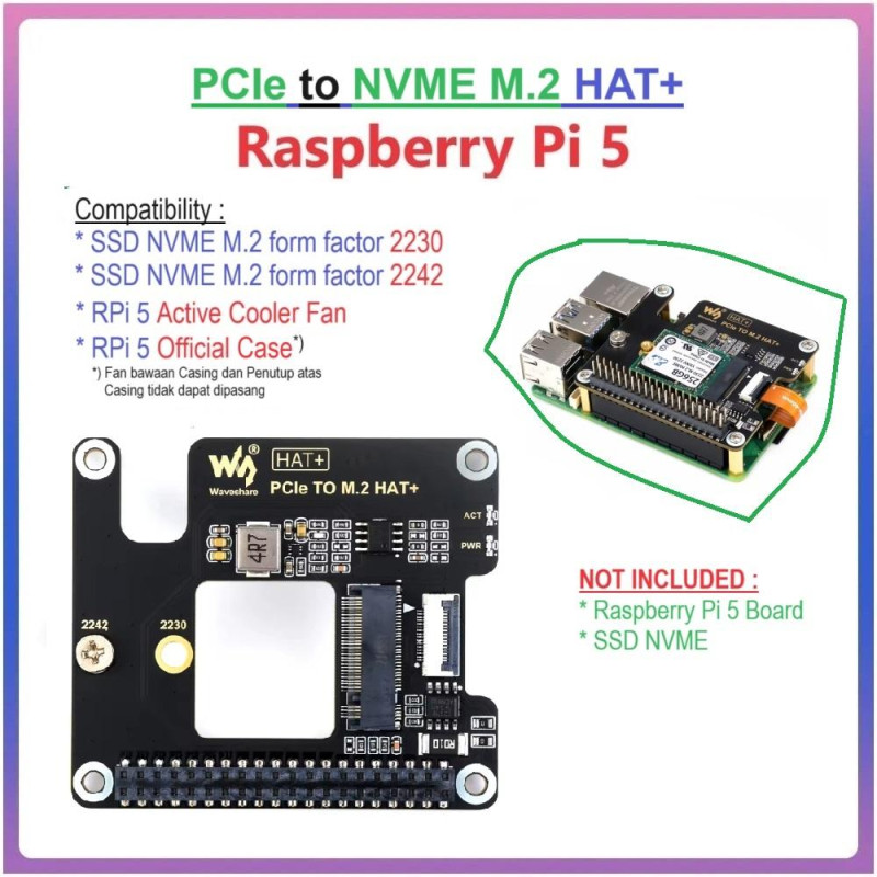 PCIe to M.2 HAT for Raspberry Pi 5 Support for SSD NVME 2230 and 2242 Form Factor