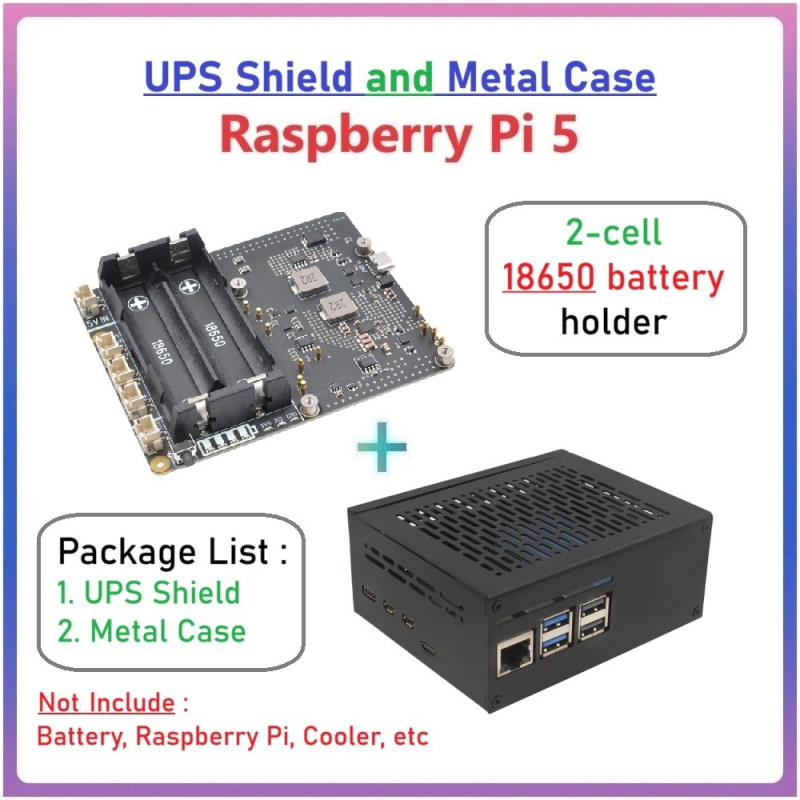 SUPTRONICS X1201 UPS Shield 5.1V 5A 2-Cell 18650 Batt Holder with Metal Case for Raspberry Pi 5