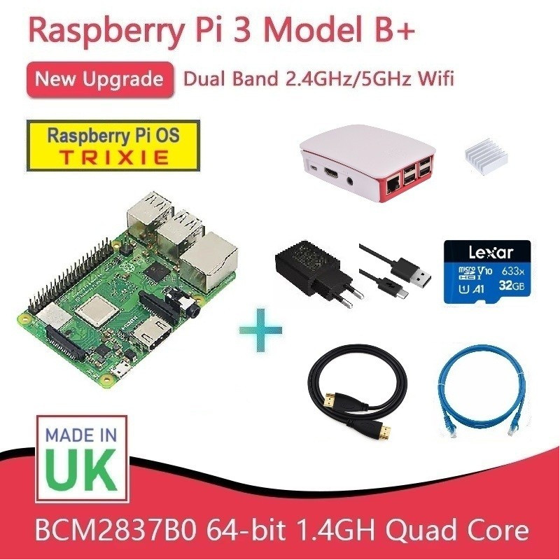 Paket Lengkap Raspberry Pi 3B (Board Case Adaptor MicroSD Heatsink Kabel HDMI Kabel LAN)