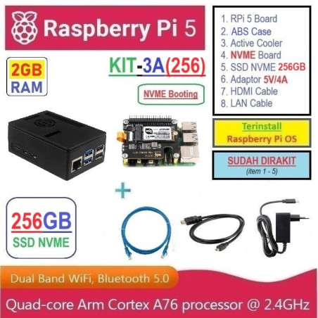 KIT-3A(256)  Raspberry Pi 5 (2GB RAM) KIT NVME SSD 256GB - Complete SET SIAP PAKAI