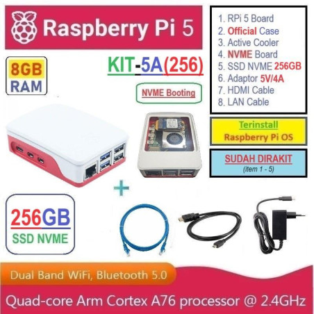 KIT-5A(256)  Raspberry Pi 5 (8GB RAM) KIT NVME SSD 256GB - Complete SET SIAP PAKAI