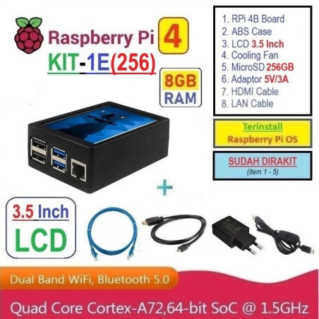 KIT-1E(256)  Raspberry Pi 4 (8GB RAM) KIT LCD 3.5 Inch MicroSD 256GB - Complete SET SIAP PAKAI