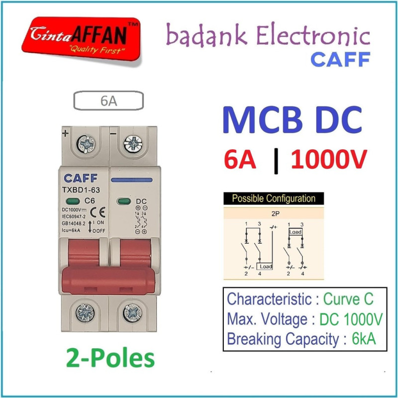 CAFF MCB DC 2P 1000V C6 6A Circuit Breaker Solar PV Panel Surya PLTS