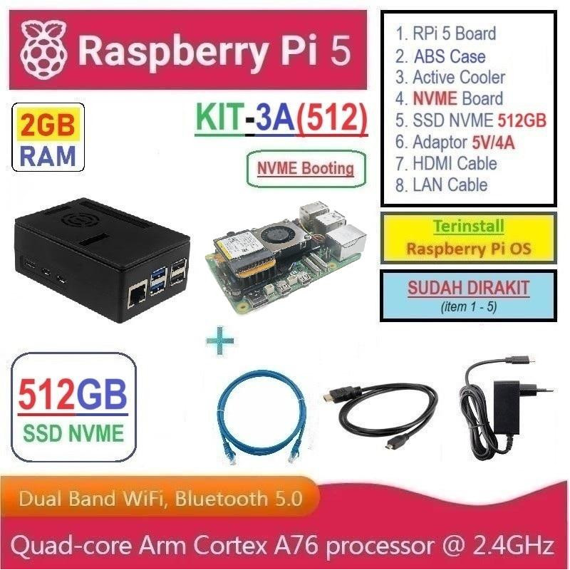 KIT-3A(512)  Raspberry Pi 5 (2GB RAM) KIT NVME SSD 512GB - Complete SET SIAP PAKAI