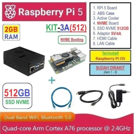 KIT-3A(512)  Raspberry Pi 5 (2GB RAM) KIT NVME SSD 512GB - Complete SET SIAP PAKAI