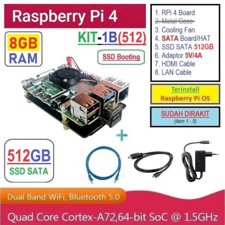 KIT-1B(512)  Raspberry Pi 4 (8GB RAM) KIT SATA NGFF SSD 512GB - Complete SET SIAP PAKAI