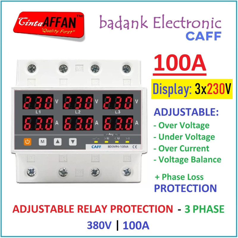CAFF Relay Protector 3-Phase 4-Wire 100A 3PN VA Monitor 230V Display