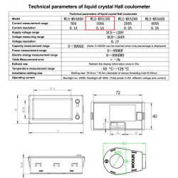 300V 100A DC Digital Power Meter Hall Sensor - Wh Ah Watt Volt Amp