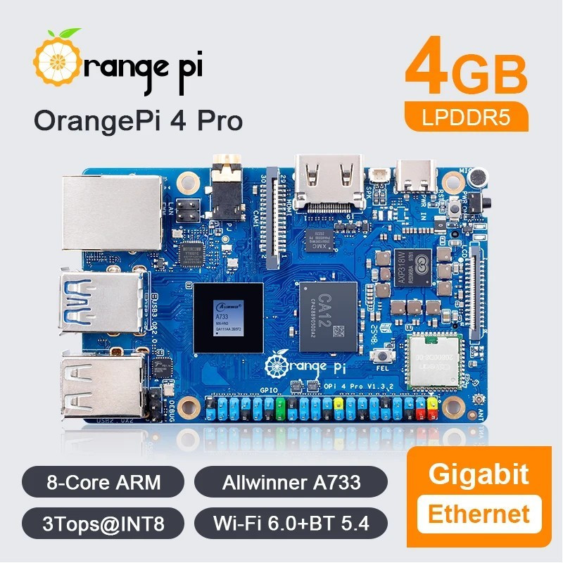 Orange Pi 4 PRO - 4GB RAM Allwinner A733 with 8-Core CPU Embedded 3-TOPS NPU