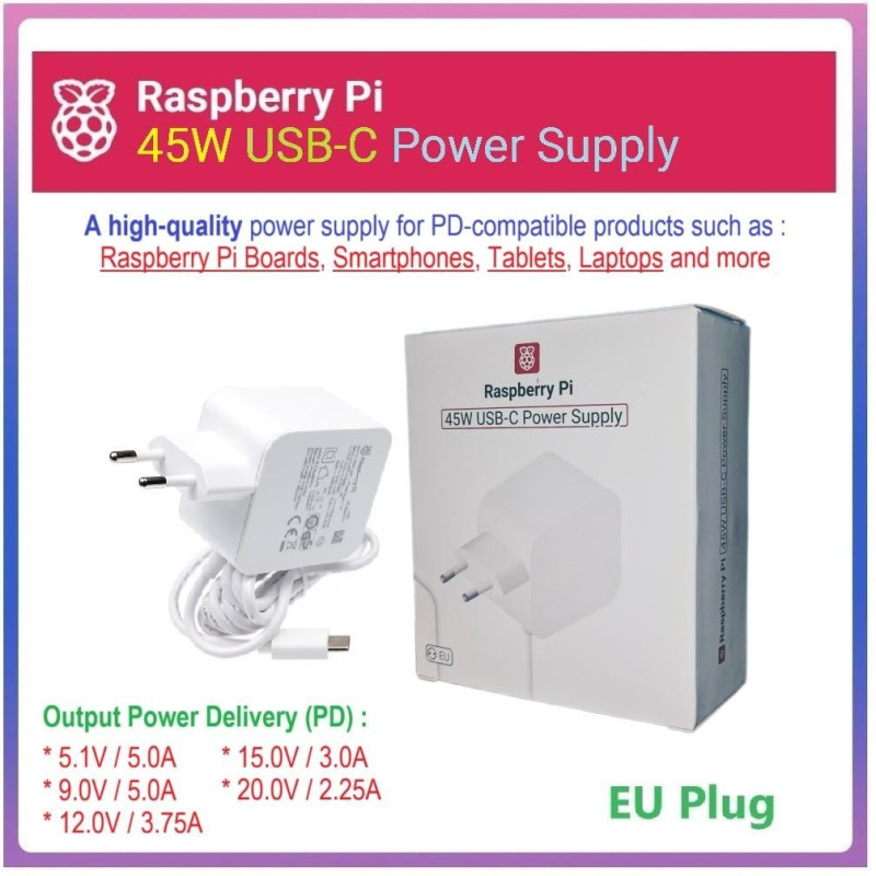 OFFICIAL Raspberry Pi 45W USB-C Power Supply Adaptor for Raspberry Pi Laptops Tablets Smartphones and more
