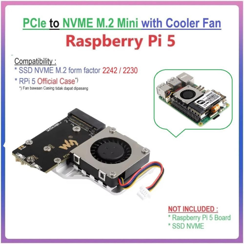 Waveshare Raspberry PI 5 PCIe to M.2 HAT Board (E) for SSD NVME 2242 / 2230 Integrated with Active Cooler Fan