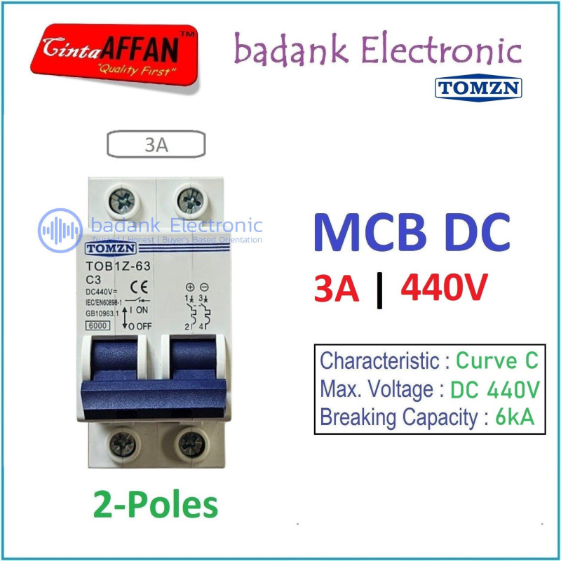 MCB DC C3 3A 440V 2P Circuit Breaker Solar PV Panel Surya PLTS