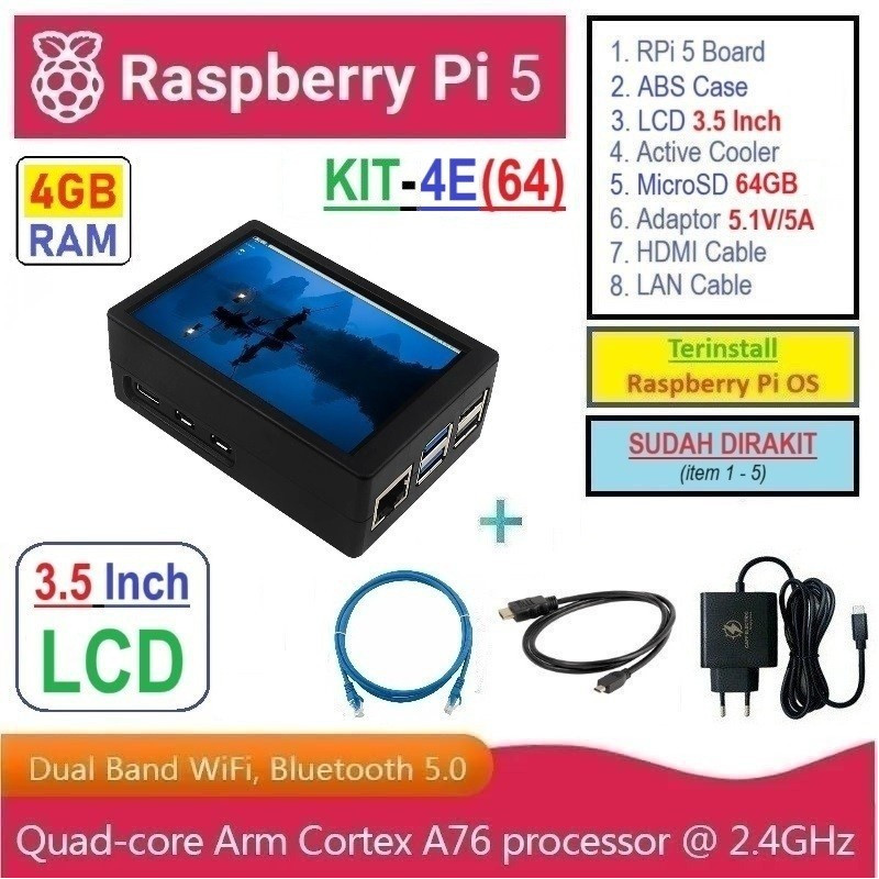 KIT-4E(64)  Raspberry Pi 5 (4GB RAM) KIT LCD 3.5 Inch MicroSD 64GB - Complete SET SIAP PAKAI