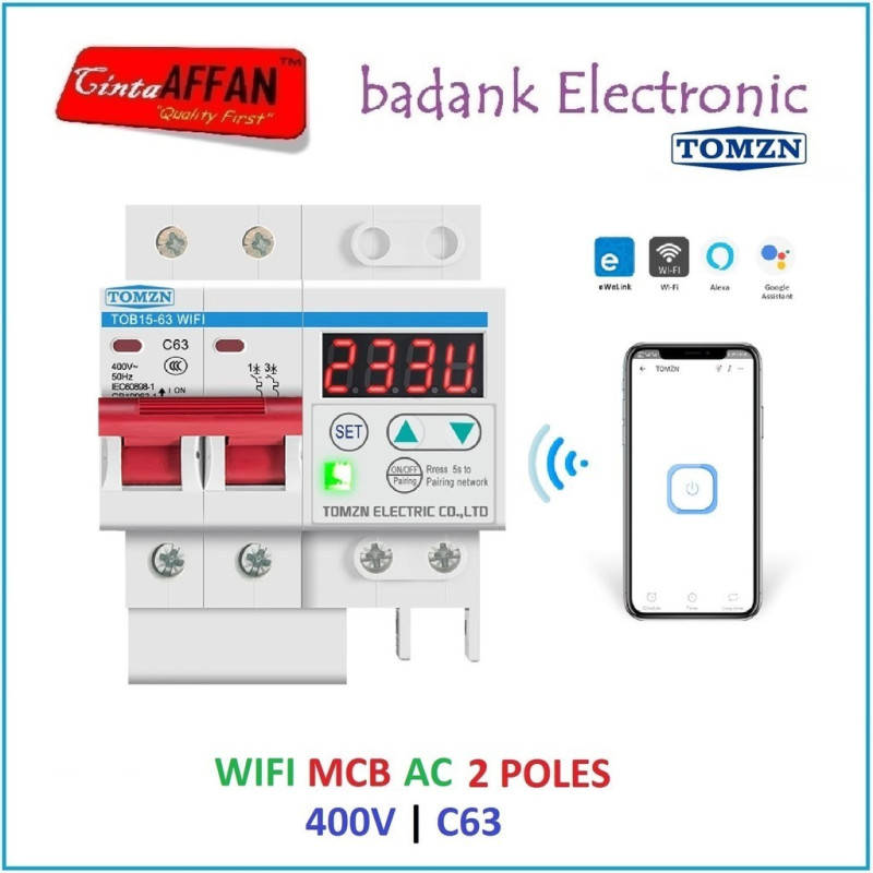 TOMZN MCB AC 220V 2P C63 with Over/Under Voltage Relay Protector and WIFI Ewelink ON/OFF Switch