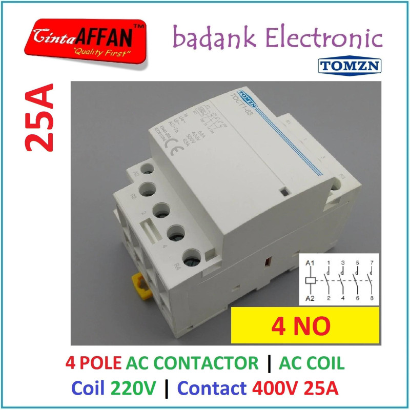 TOCT1 4P 25A 4NO AC CONTACTOR DIN RAIL COIL 220VAC CONTACT 400VAC