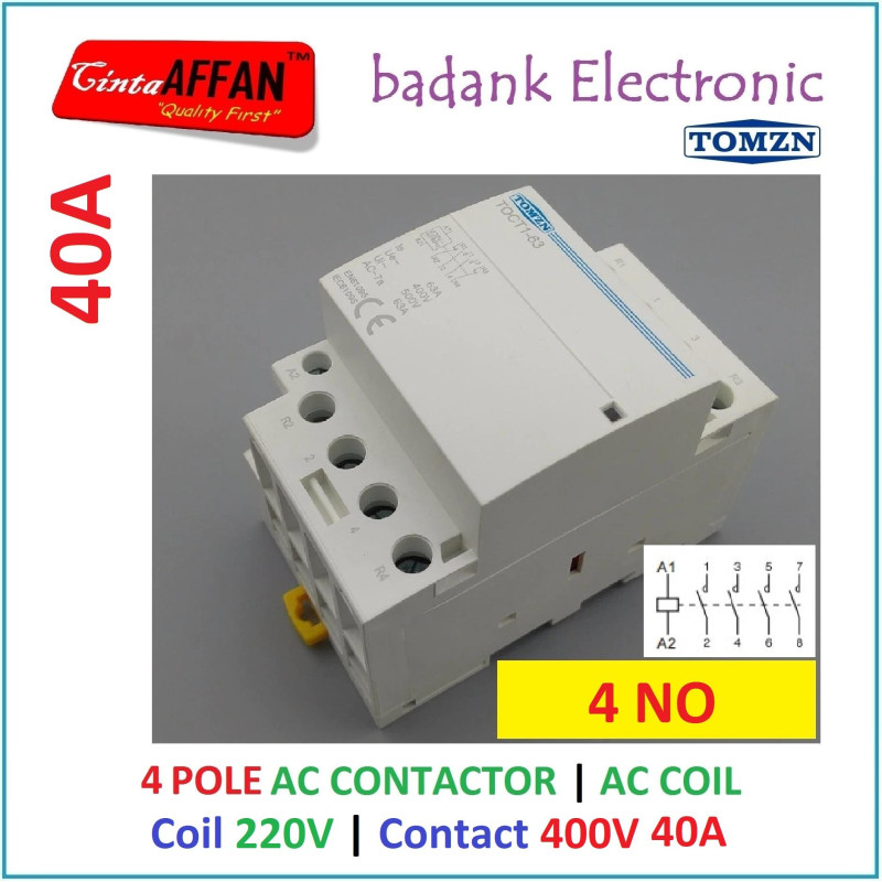 TOCT1 4P 40A 4NO AC CONTACTOR DIN RAIL AC COIL 220VAC CONTACT 400VAC