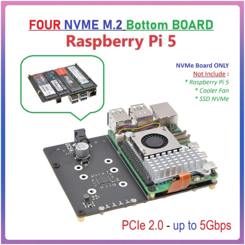 SUPTRONICS X1011 PCIe 2.0 to Quad M.2 NVMe 4 SSD Bottom Shield for Raspberry Pi 5