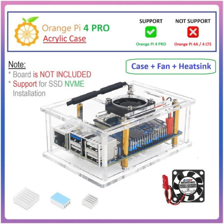 Acrylic Case Compatible for Orange Pi 4 PRO with Cooling Fan  Heatsinks