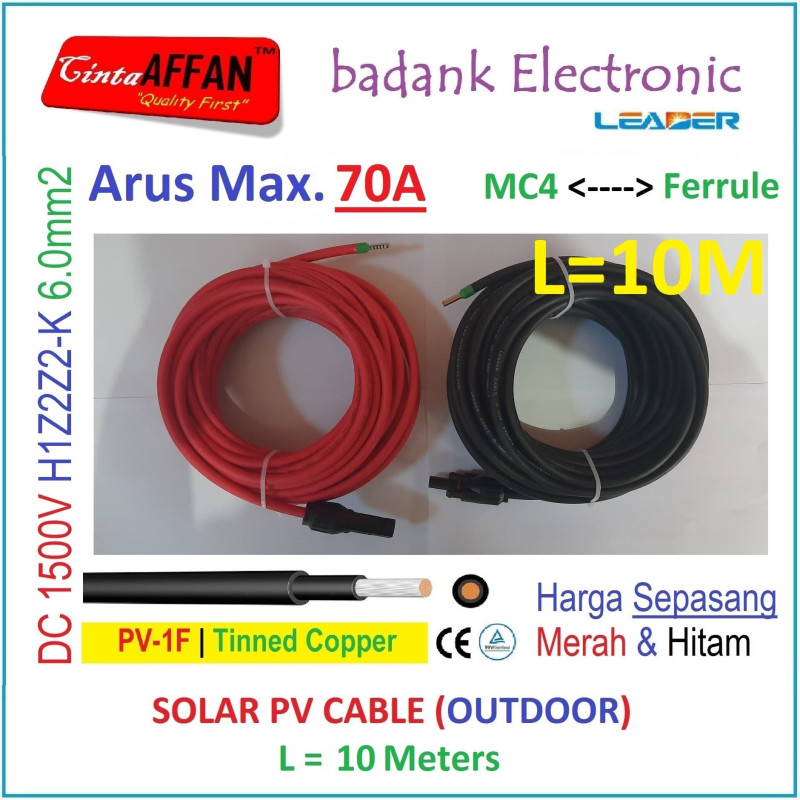 PV Cable 1500V H1Z2Z2-K 6mm2 Tinned copper L10 Meter MC4 -- Ferrule